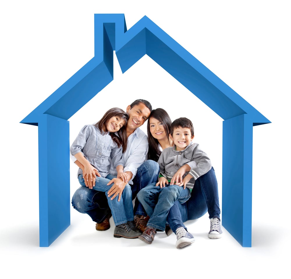 Beautiful family in a 3D house - isolated over a white background